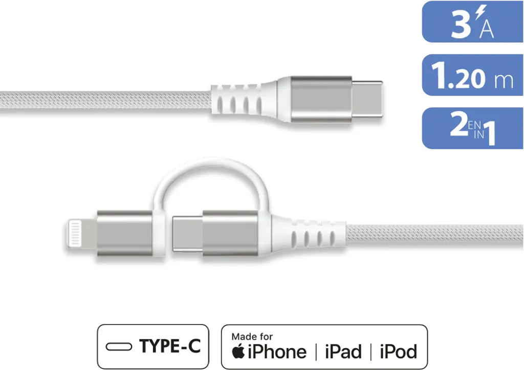 Câble de Voyage 2-en-1 USB-C et Lightning PD60W pour iPhone et Mac