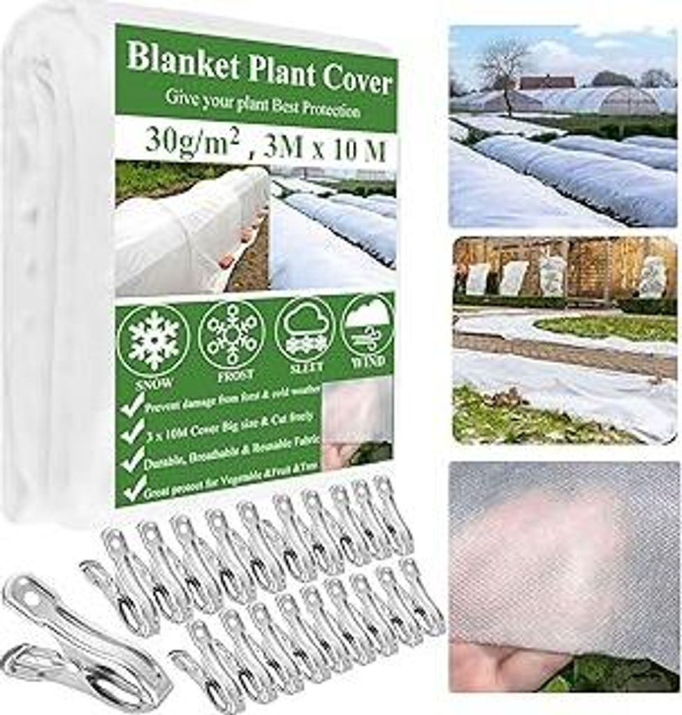 Gartenvlies Frostschutz Pflanzendecke 3X10m with 20 Clips, Vliesstoff Pflanzenvlies Pflanzen Frostschutzvlies, Pflanzen Abdeckung Gartenbau Vlies f...