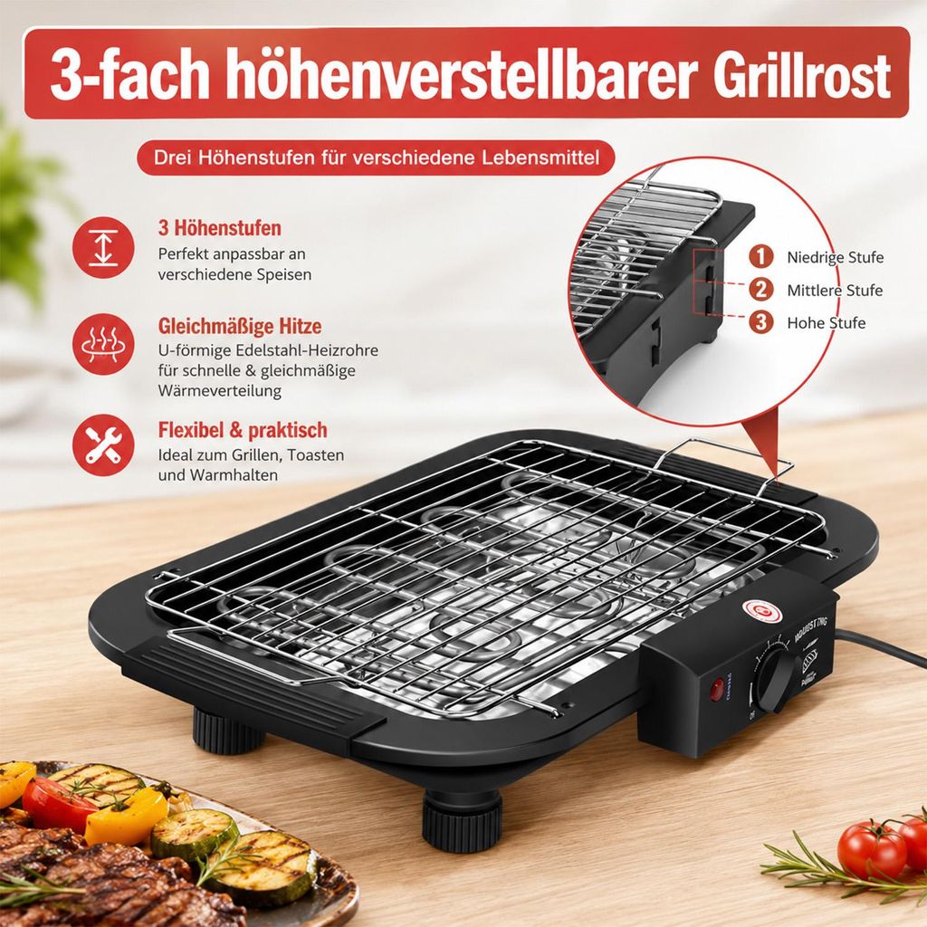 Elektrogrill 2000W, Tischgrill mit 5 Temperaturstufen