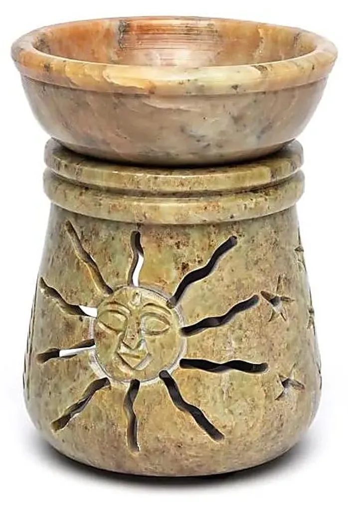 Brûleur d'Huiles Essentielles Pierre à Savon Sculptée Soleil et Lune