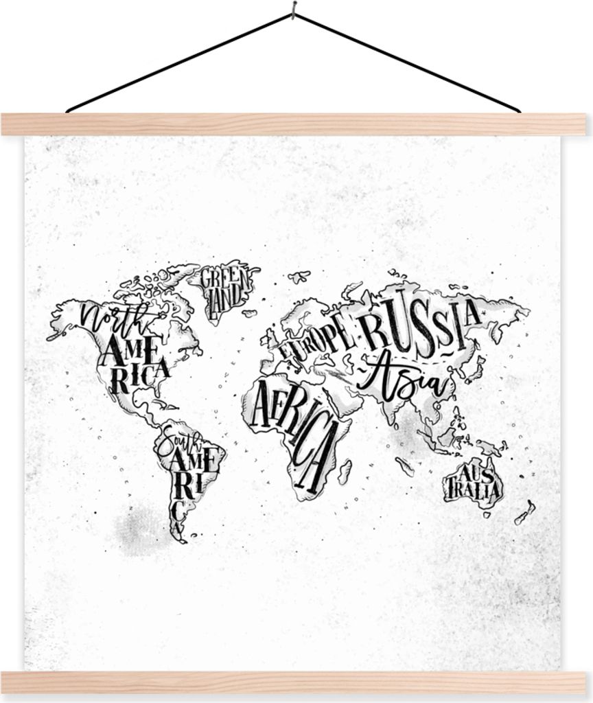 MuchoWow Textilposter Weltkarte - Schwarz - Weiß - Buchstaben 120x120 cm mit holzfarbenen Rahmen - Textil-Poster