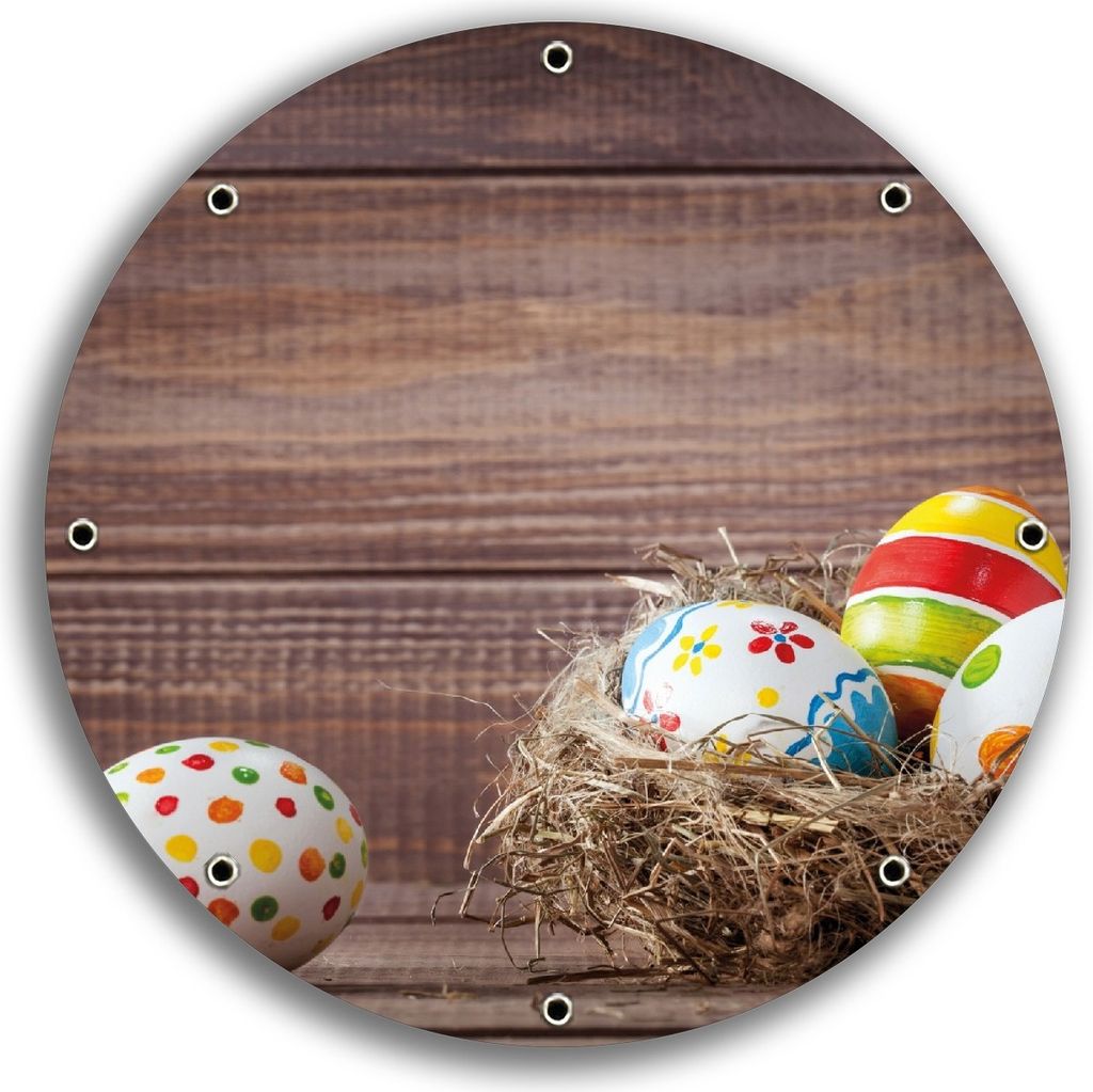 Wallario rundes Outdoor-Poster für Garten oder Balkon, Motiv Bunte bemalte Eier an Ostern im Vorgelnest vor hölzerner Wand, 30 cm Durchmesser