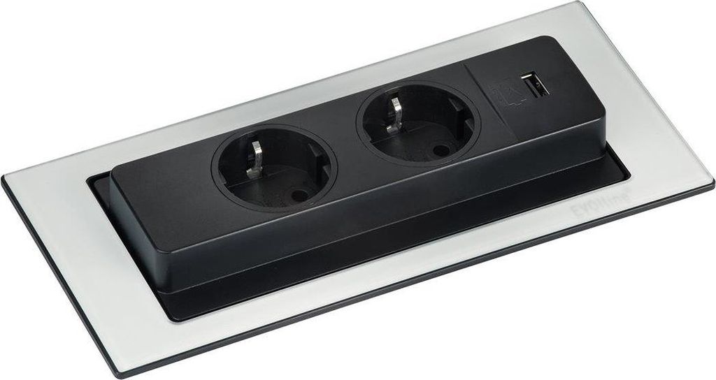 Schulte EVOline BackFlip 10.018 USB-A Charger + Einbausteckdose 2 fach Glas weiß glänzend