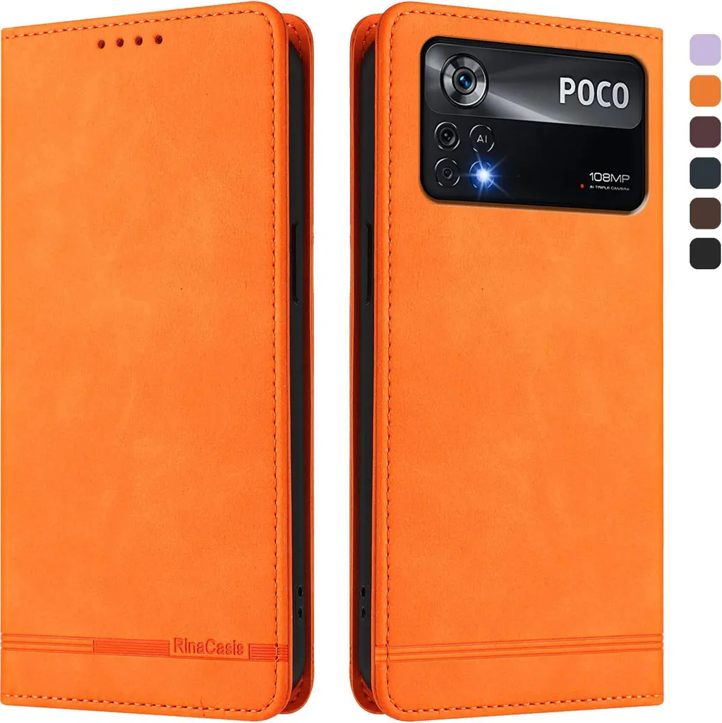 Custodia per Xiaomi Poco X4 Pro 5G, retro custodia flip in Finto cuoio con supporto e slot per schede Arancione