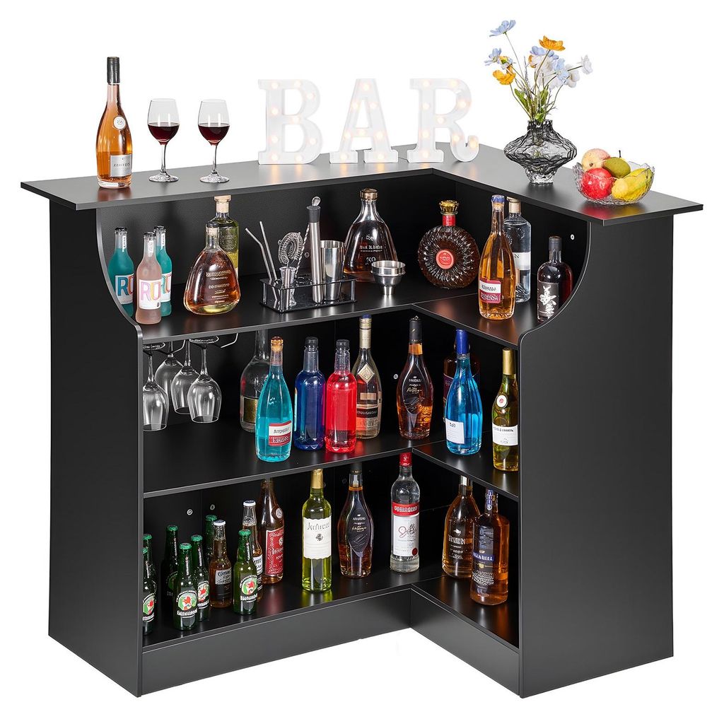 L-förmige Hausbar - Bartheke mit Stauraum - 4 Ebenen - Weinglashalter - Bis 136 kg belastbar - Holzwerkstoff - Für Küche Wohnzimmer Keller - Ma...