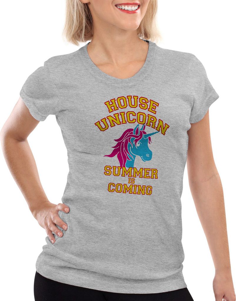 style3 House Unicorn Summer is coming Damen T-Shirt Einhorn, Farbe:Grau meliert, Größe:XS