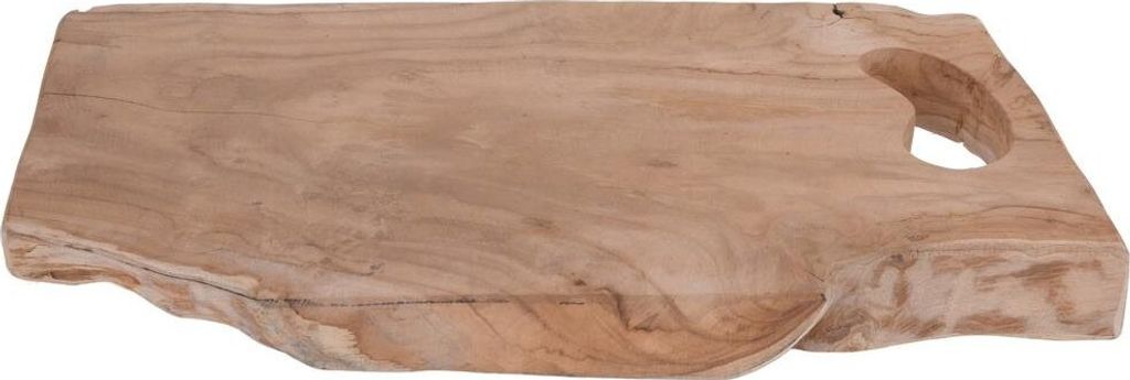 A wooden cutting board with a live edge and a handle.
