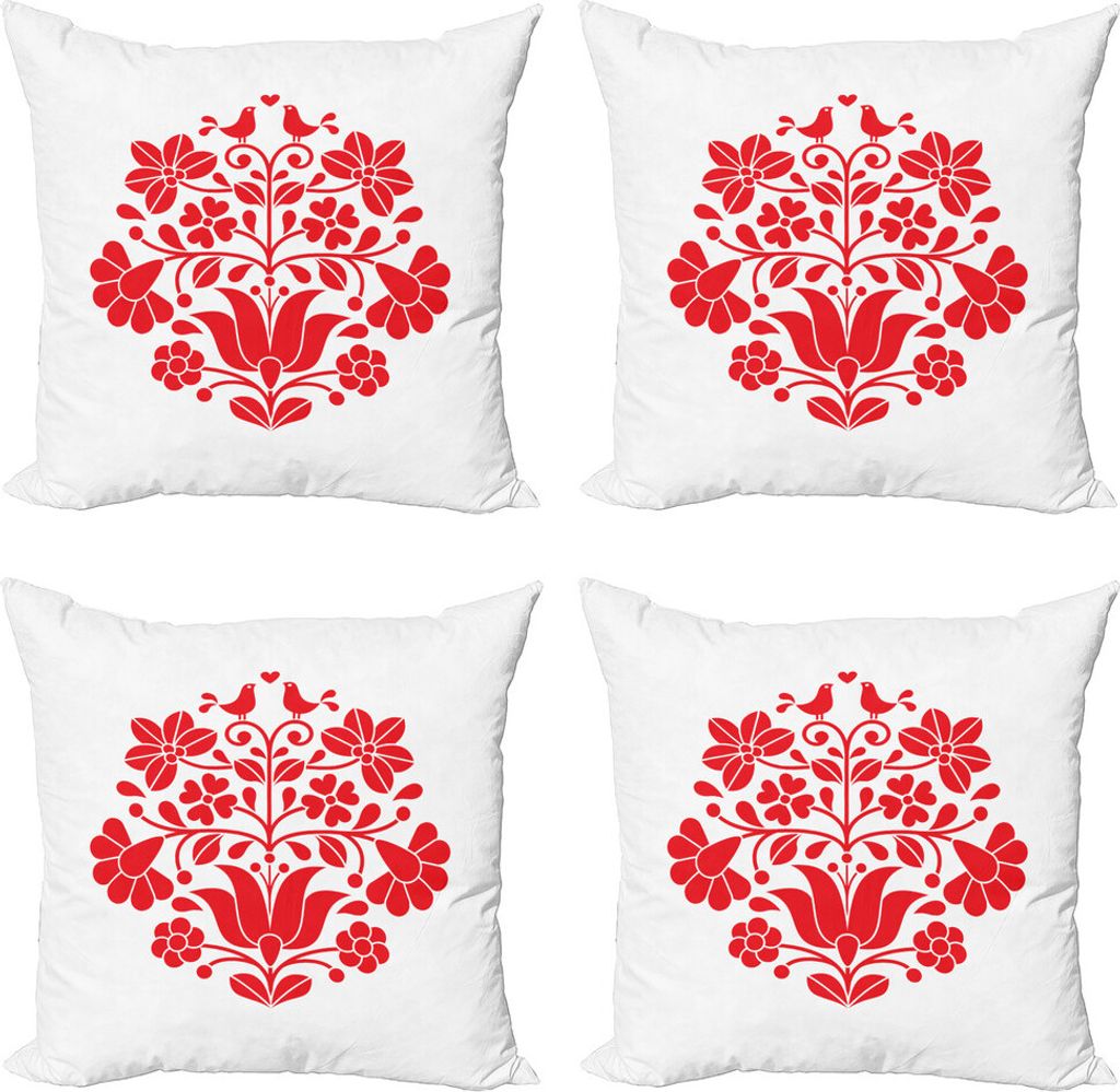 ABAKUHAUS Ungarn Kissenbezug Set (4 Stück), Kalocsa Muster Boho-Blüten, Moderner Doppelseitiger Digitaldruck, 60 cm x 60 cm, rot-Weiss