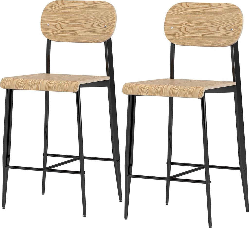 2er-Set Barhocker, Barstühle mit Rückenlehne und Metallgestell, Holz, Hellbraun