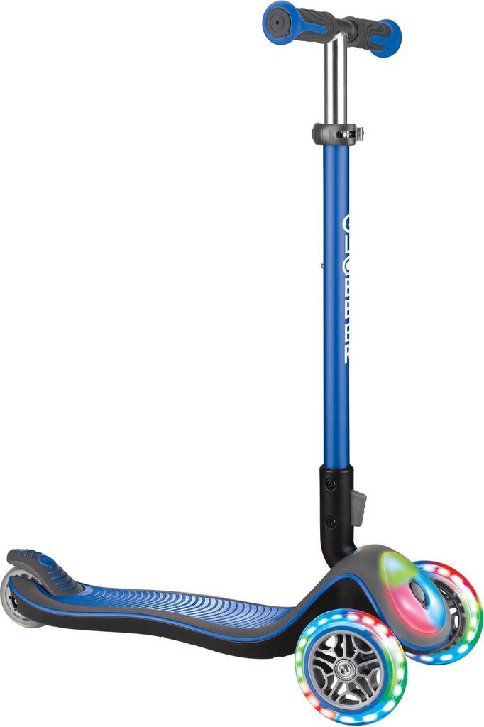 GLOBBER ELITE DELUXE FL – Tretroller, 120/80 mm, ABEC 5, 3-rädrig, höhenverstellbar, LED-Rollen, Leuchtdeck, dunkelblau