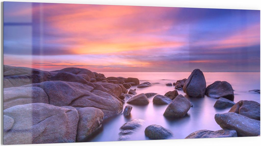 DEQORI Glasbild Acryl 100x50 cm 'Küstenfelsen in Abendröte' Wandbild Bild modern Deko
