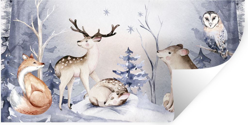 MuchoWow Wandtattoo Wandsticker Wandaufkleber Malerei - Winter - Tiere 160x80 cm Selbstklebend und Repositionierbar - Sticker - Dekorfolie