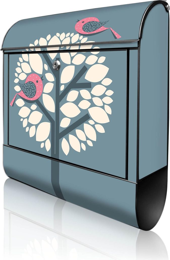 banjado Design Briefkasten Stahl schwarz mit Zeitungsfach pulverbeschichtet "Zwei Rosa Vögel" 38x46x12,5cm & 2 Schlüssel - Postkasten A4 Einwurf ...