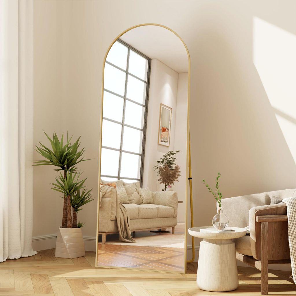 Großer Ganzkörperspiegel, 164 x 54 cm, großer Standspiegel, zum Aufhängen, für Schlafzimmer, Wohnzimmer, Flur, gebogene Form, Gold