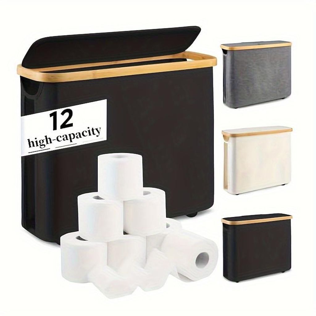 schwarz Toilettenpapier Aufbewahrungskorb , WC-Regal zur stehenden Aufbewahrung im Bad oder Gäste-WC,Korb mit Deckel aus Bambus,Aufbewahrungs box