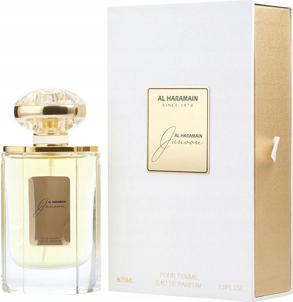 A perfume bottle and its packaging are displayed against a white background.