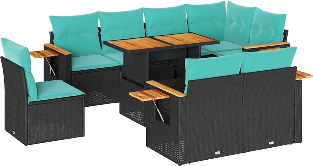 9-tlg. Garten-Sofagarnitur mit Kissen Schwarz Poly Rattan