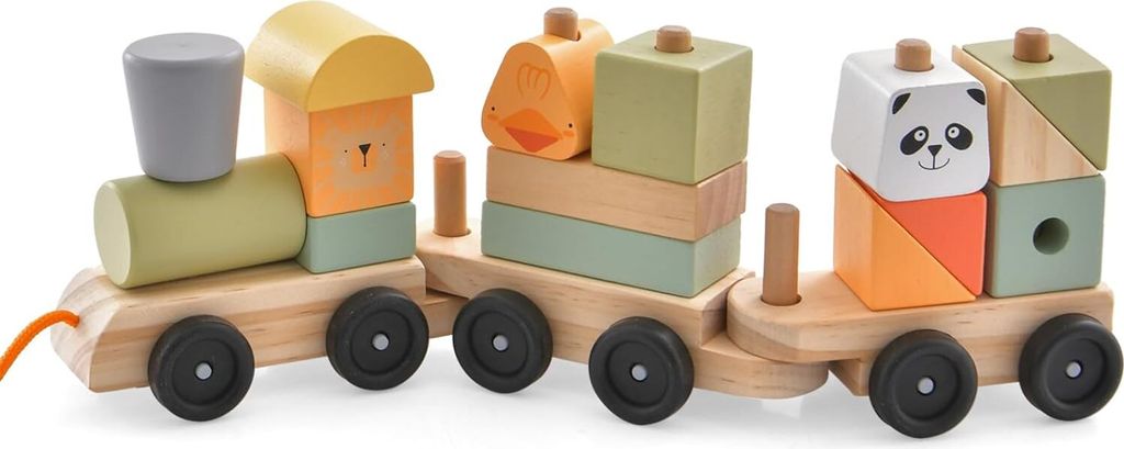3-teiliges Holzeisenbahn-Set, Zug Spielzug mit niedlicher Lokomotive & Tierfiguren & stapelbaren Holzklötzen, Kinderspielzueg Nachziehspielzeug f...