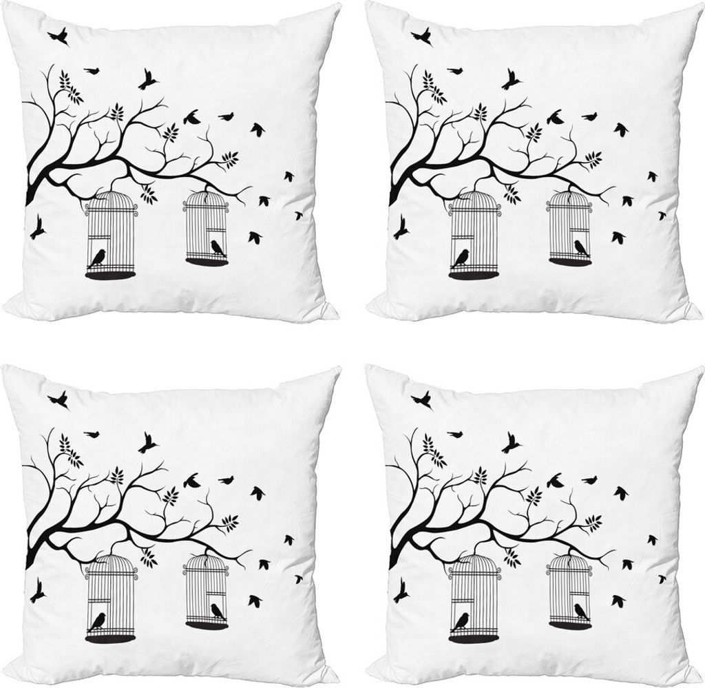 ABAKUHAUS Natur Kissenbezug Set (4 Stück), Vögel fliegen nach Cages, Moderner Doppelseitiger Digitaldruck, 45 cm x 45 cm, Schwarz und weiß