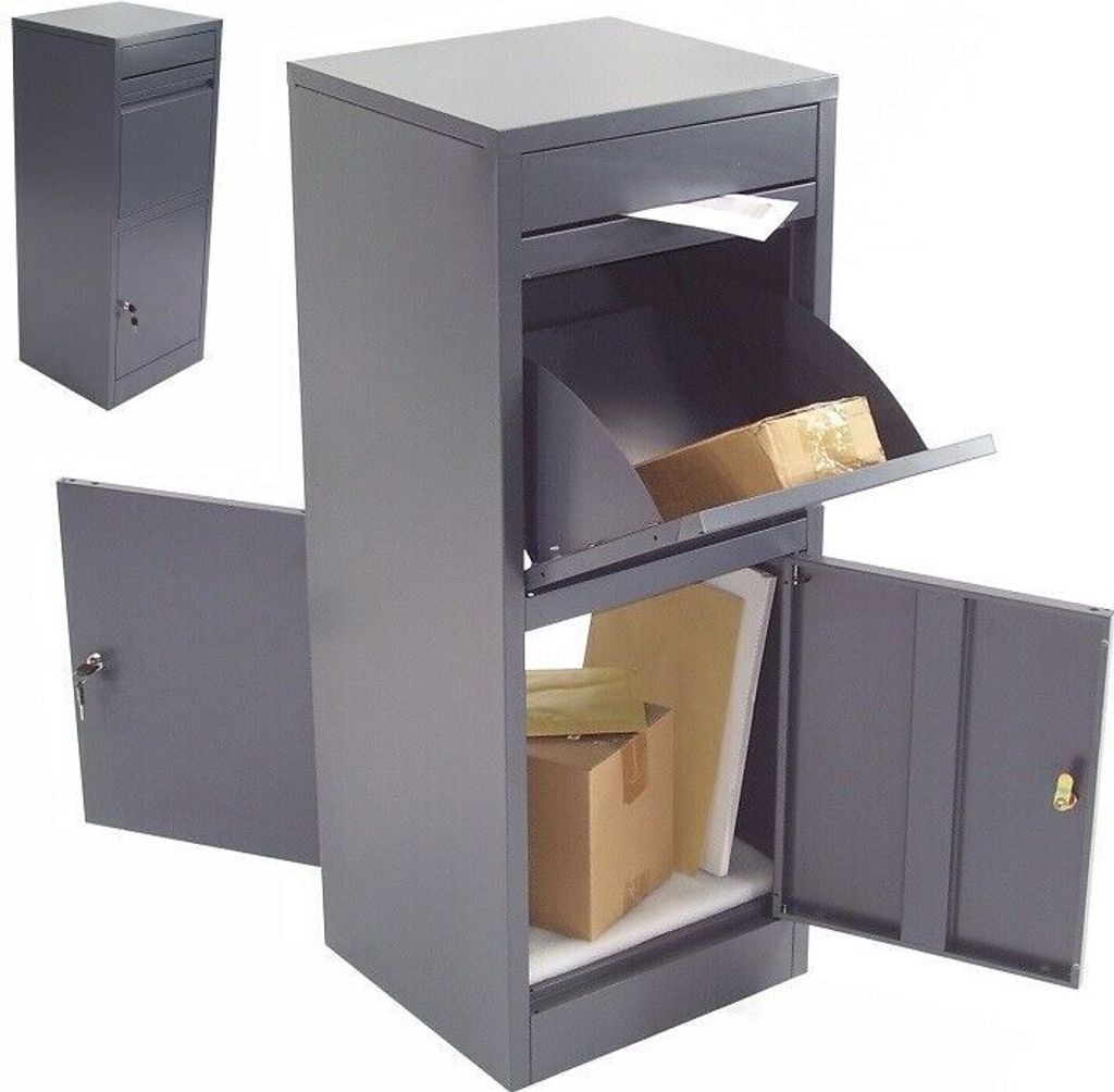 A gray metal parcel box with its doors open, showing packages and letters inside.