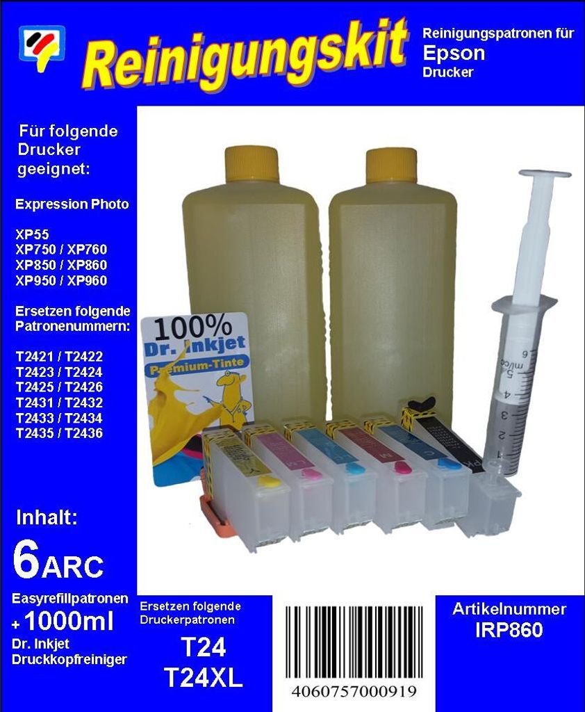 T24 - Dr.Inkjet Druckkopfreinigungspatronen Clean-Multipack mit 1000ml Dr. Inkjet Druckkopfreiniger - ersetzen T24 IRP860
