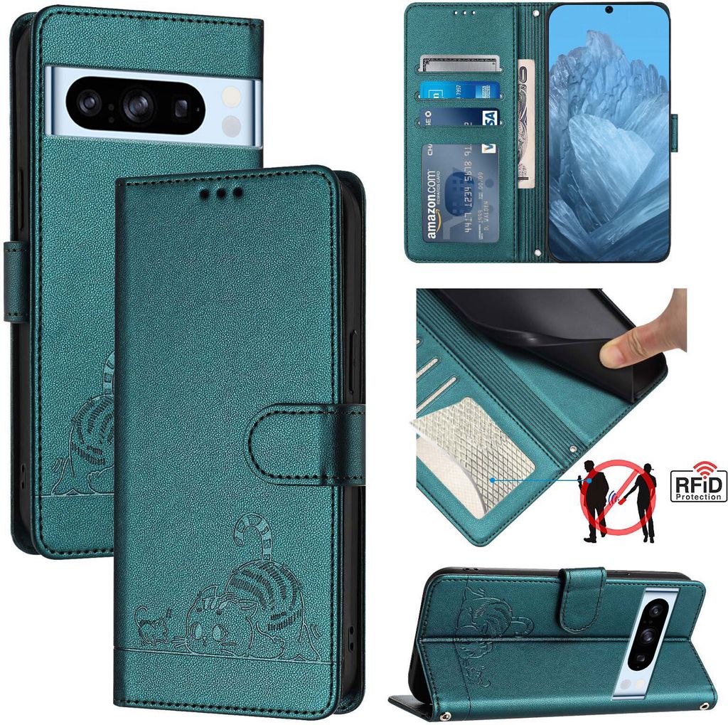 Leder Hülle für Google Pixel 8 Pro Süße Katze Flip Case Brieftasche Schutzhülle mit Standfunktion Grün