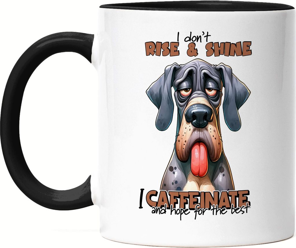I don't rise & shine I caffeinate Tasse Schwarz lustiger Spruch Hund Kaffeeliebhaber