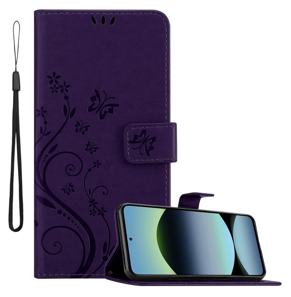Cadorabo Hülle für Xiaomi RedMi Note 14 5G Hülle in FLORAL DUNKEL LILA Schutzhülle im Blumen Design mit Magnetverschluss, Standfunktion und Kar...