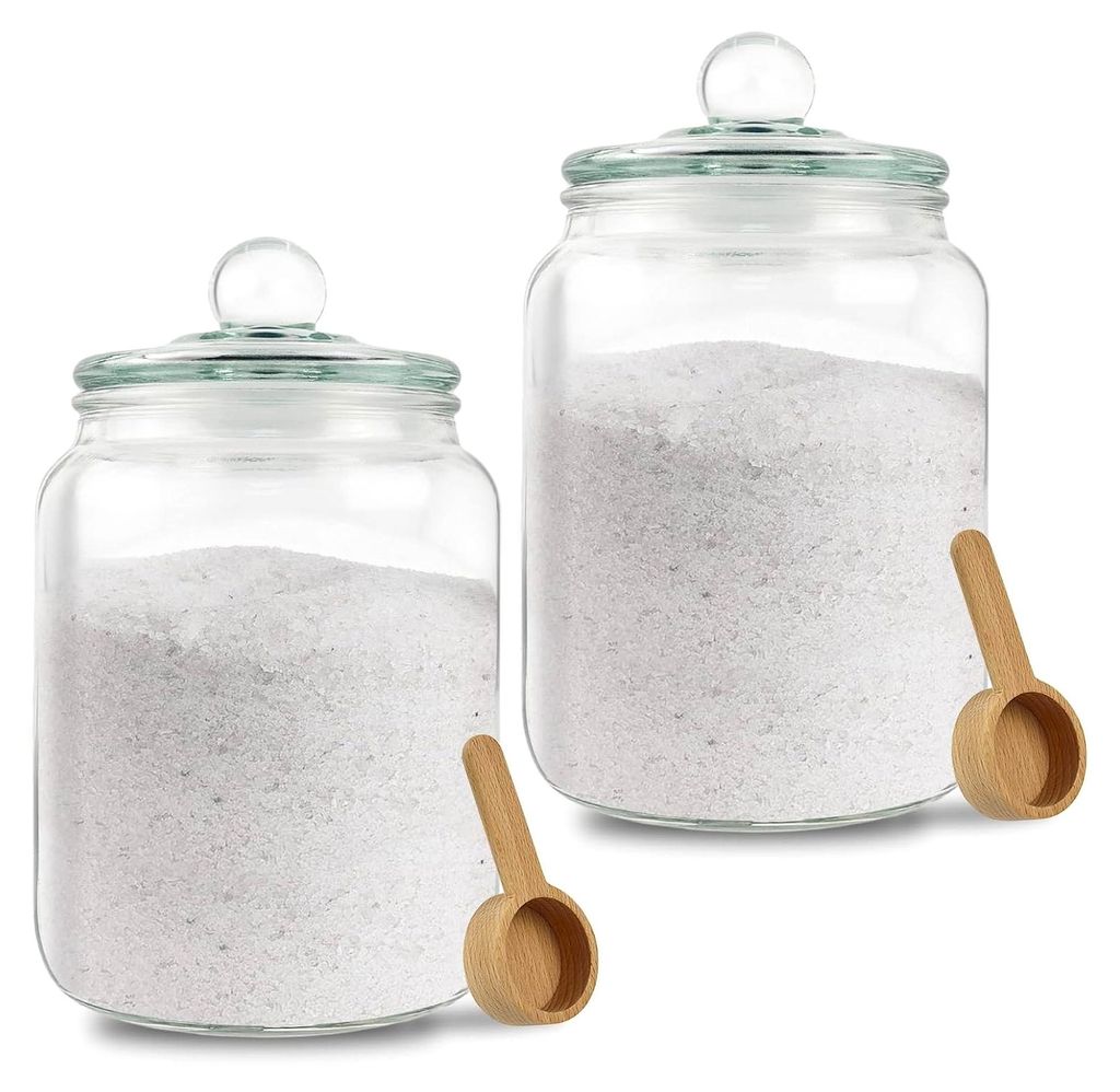Waschmittel Pods Aufbewahrung Vorratsgläser, 2x2 Liter Waschpulver Glasbehälter Vorratsdosen Glas mit Deckel Luftdicht und 2x Holzlöffel, Mehl P...