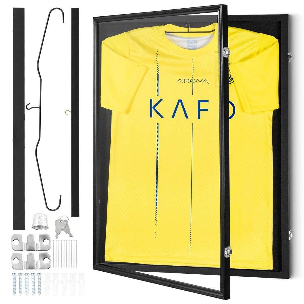 A framed sports jersey displayed in a shadow box.