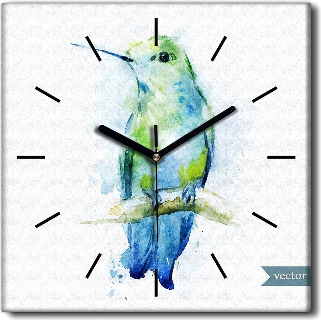 Coloray Uhr auf Leinwand 30x30 cm Wand Uhr Dekoration Wohnzimmer Segeltuch schwarze Hände -KOLiber Vogel Aquarelle.