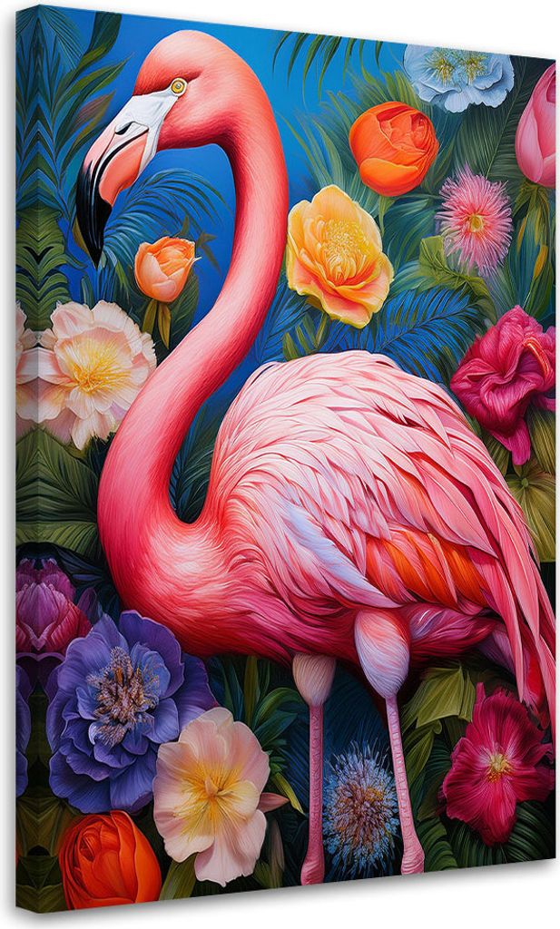 Leinwandbild Flamingo Tiere Blumen 80x120 Feeby Bunt bild für die wand bereit zum aufhängen