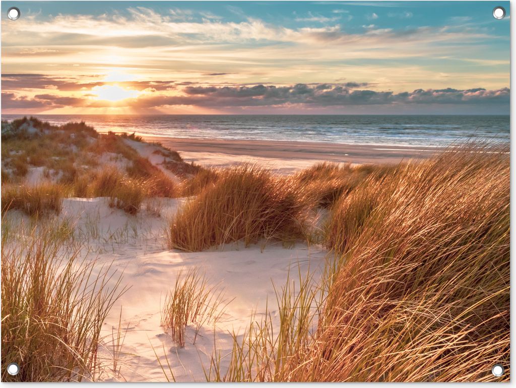 MuchoWow 80x60 cm Outdoor-Poster Gartendeko Sichtschutz Garten Poster für den Garten Düne - Pflanzen - Sonnenuntergang - Strand - Meer