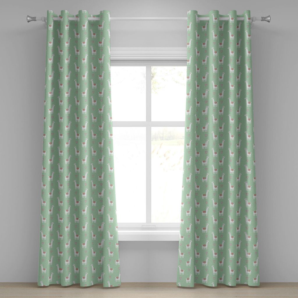 ABAKUHAUS Lama Ösenvorhang, Nettes Lama mit Zuckerstange-Herz-Spaß-Muster auf tadellosem grünem Hintergrund, Dekorative 2-Panel-Fenstervorhänge...