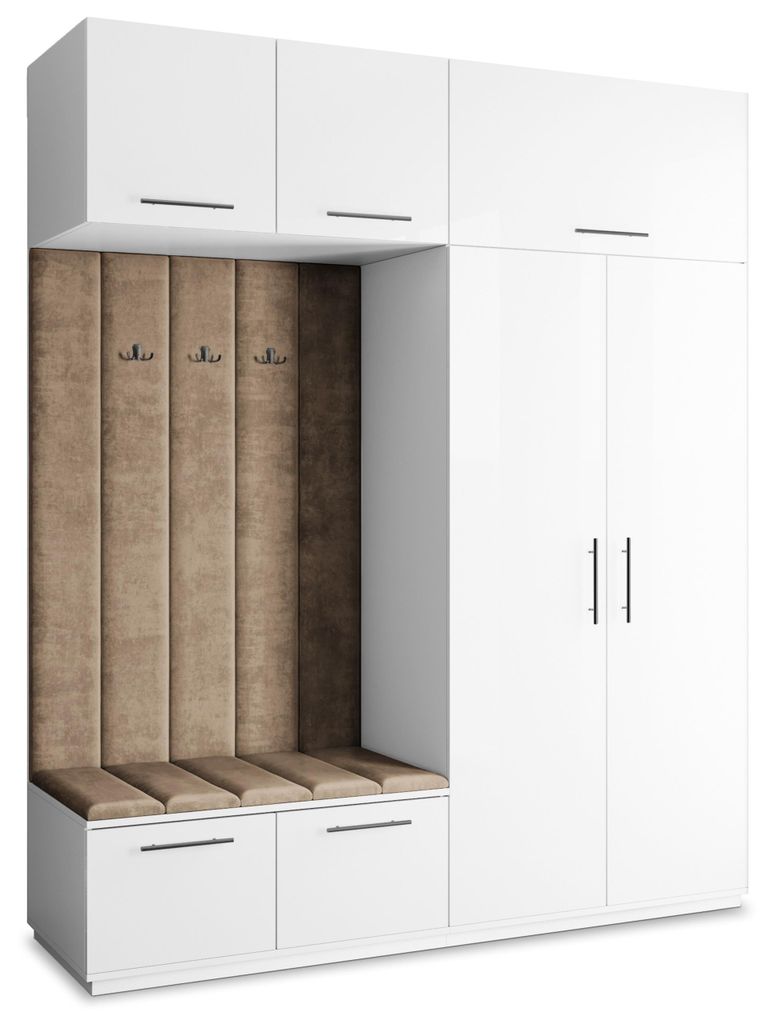 Masseno Garderobe-Set REMA 200/240/60 cm Modern Garderobenschrank Weiß, Veloursstoff MONOLITH 09 (Beige)