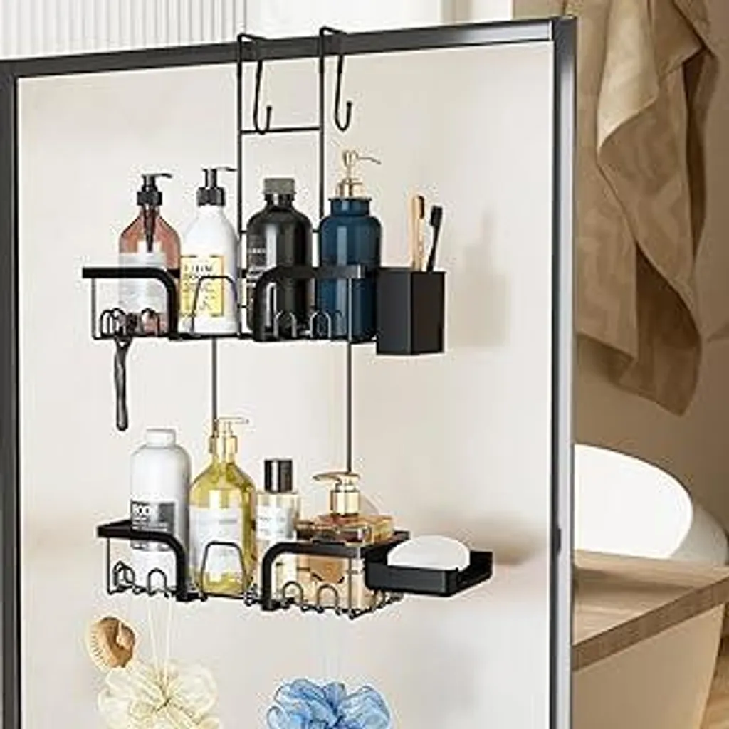 Scaffale doccia da appendere Senza fori, scaffale doccia da appendere per porte doccia in vetro, scaffale doccia da appendere con 2 cestelli, supporto doccia Shower Shelf in acciaio inossidabile, per doccia (nero, 2 ripiani) - 1