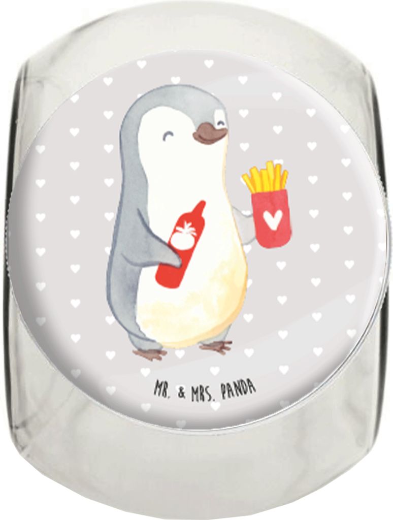 Mr. & Mrs. Panda Teedose Pinguin Pommes L 870ml - Grau Pastell - Geschenk, Valentinstag, Vorratsbehälter, für Freundin, Hochzeitstag, Jahrestag, ...