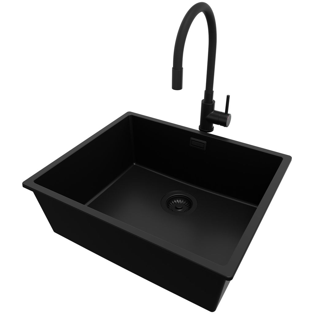 PRIMAGRAN Unterbauspüle Granit Alles Schwarz 56x47cm, Spülbecken 1 Becken + Küchenarmatur 40x38cm + Ablauf-Set, Granitspüle ab 60er Unterschran...