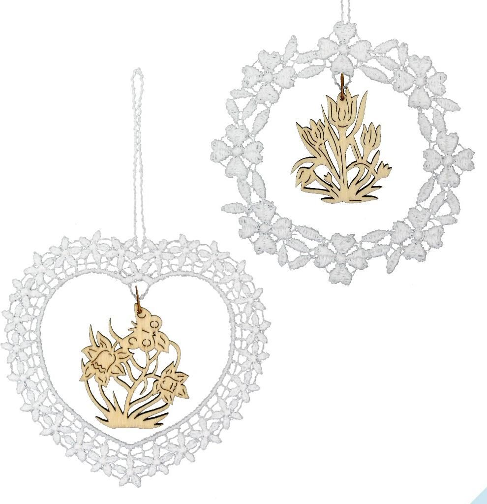 Anhänger "Frühling" mit Holzmotiv Narzisse & Tulpe, 6 cm, 6 Stück (3 je Motiv), original Plauener Spitze gepaart mit echter erzgebirgischen Holz...