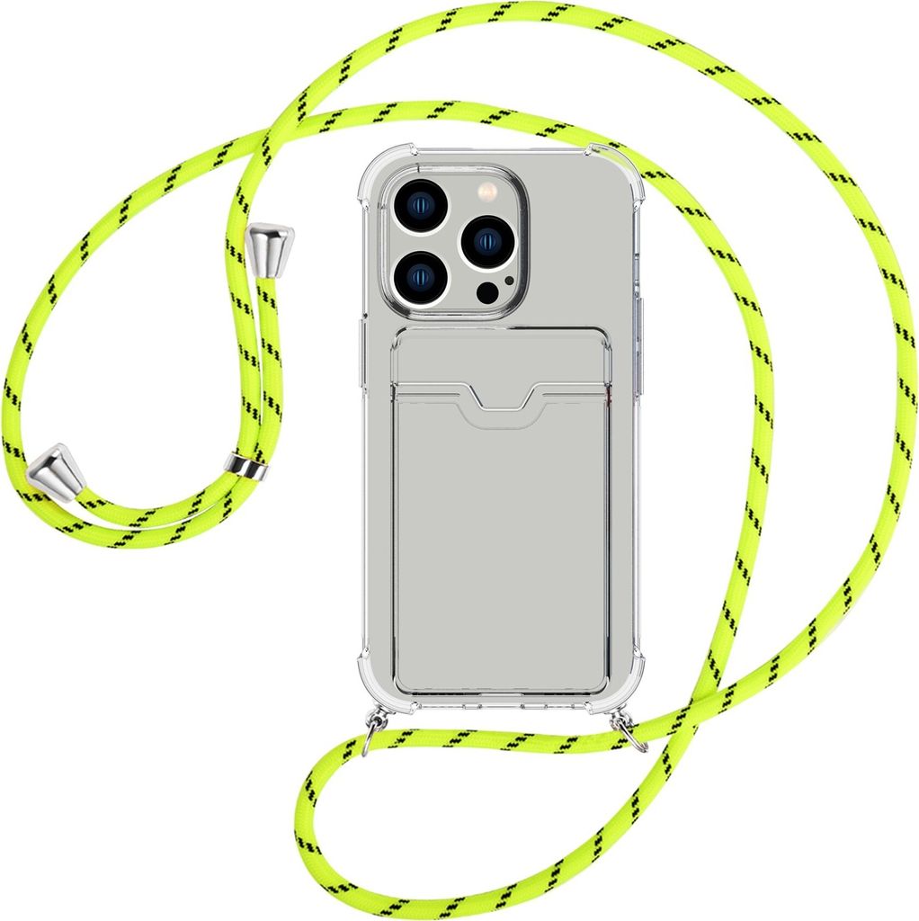 Handykette Backcover-Schutzhülle mit Band (Metall silberfarben) für Apple iPhone 15 Pro - neongelb