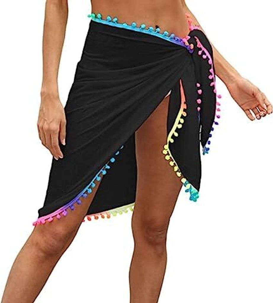 Damen Strand Sarong š¹berzug Strandmode R?cke Sommerferien Wickelkleid Badeanzug š¹berzš¹ge mit Quaste Schwarz