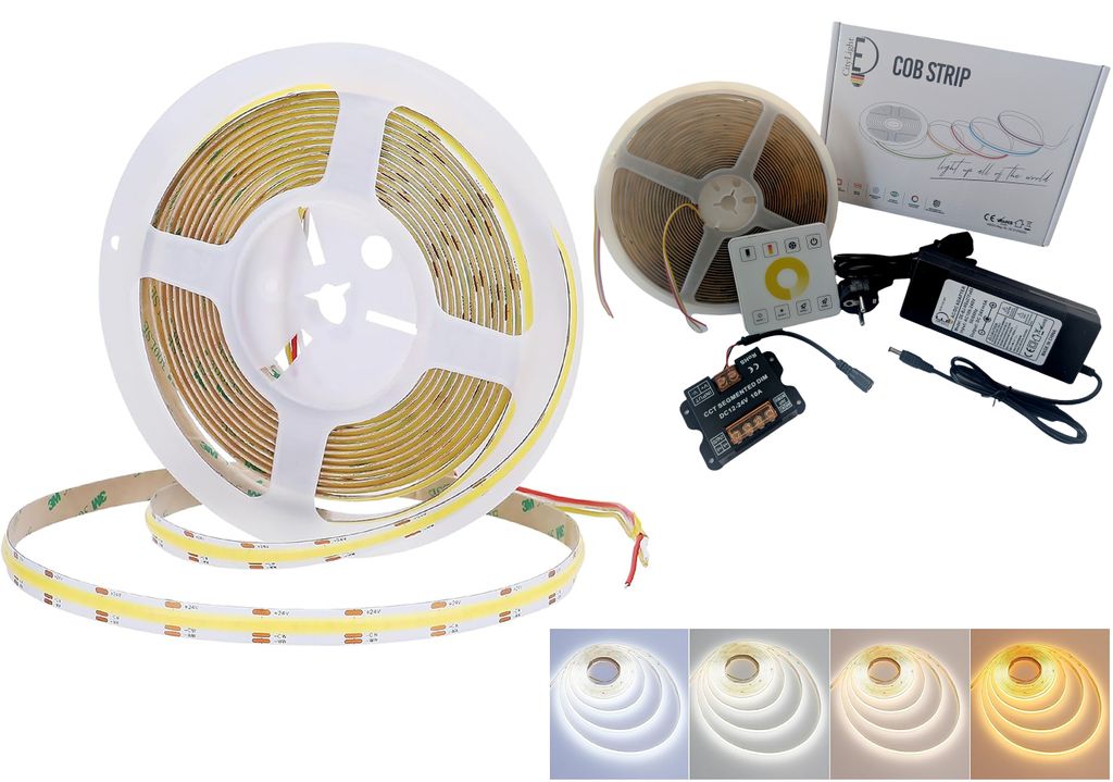 10 Meter COB CCT ( 2700K–6500K einstellbar) LED Streifen Set. 24V, Dimmbar, 560 LEDs/M, Selbstklebend Led Band, Touch Panel, Kalt/Neutral/Warm-Weiß