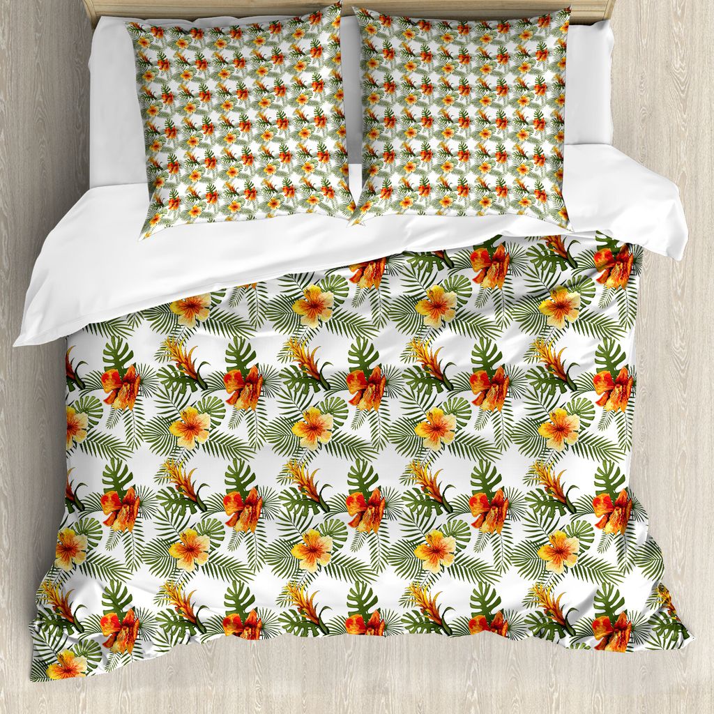 ABAKUHAUS Hibiskus Bettbezug Set für Einzelbetten, Einfache Blumenpalmblätter, Milbensicher Allergiker geeignet mit Kissenbezug, 155 cm x 220 cm ...