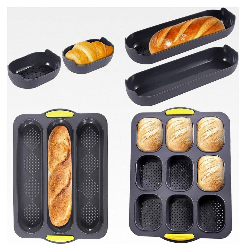 6 Stück Baguette-Backblech, Hochwertige Brötchenbackform, Perforierte Baguetteform, Brotbackzubehör (Grau)