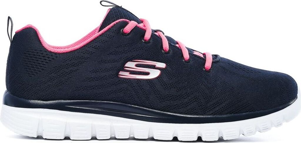 A side view of a navy blue Skechers athletic shoe with pink laces and trim, set against a white background.