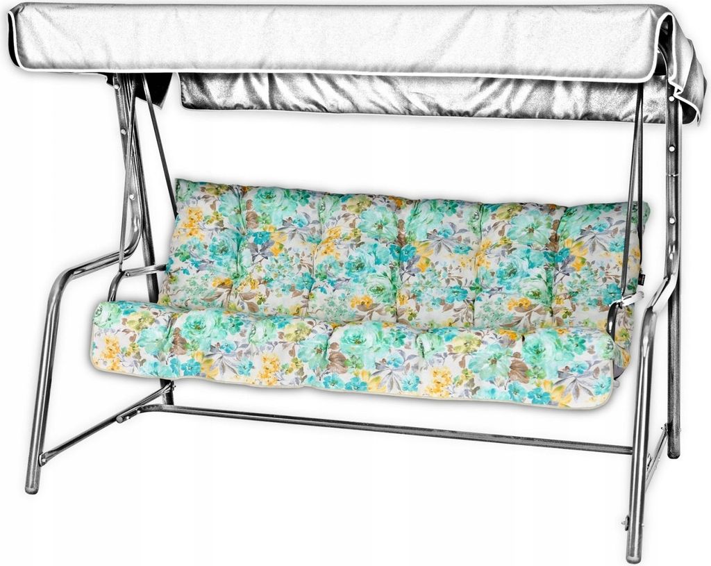 A studio shot of a garden swing with floral cushions and a canopy.