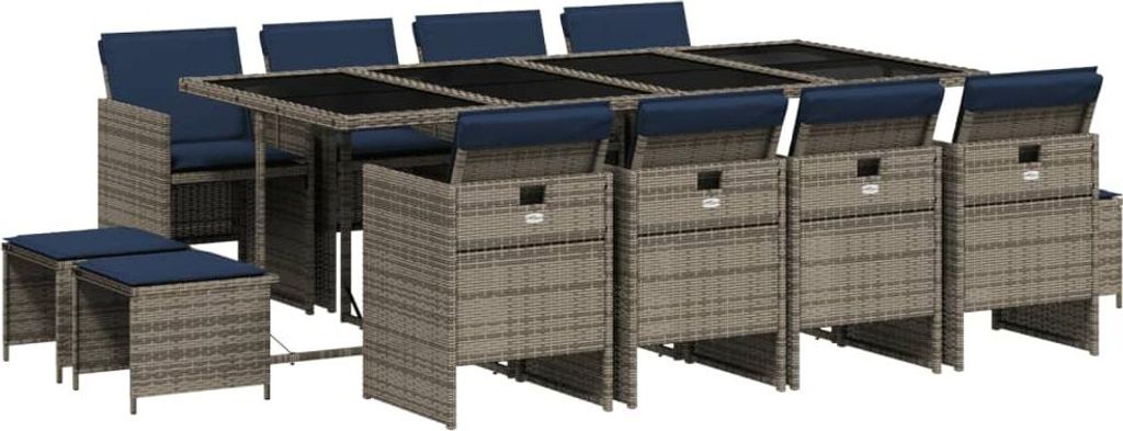 vidaXL 13-teiliges Garten-Ess-Set mit Kissen, grau, Polyrattan