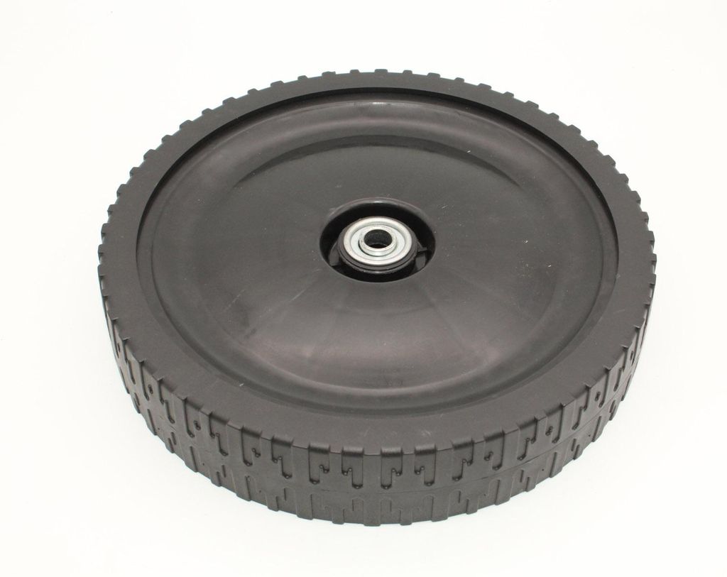 A black wheel with a bearing in the center, isolated on a white background.