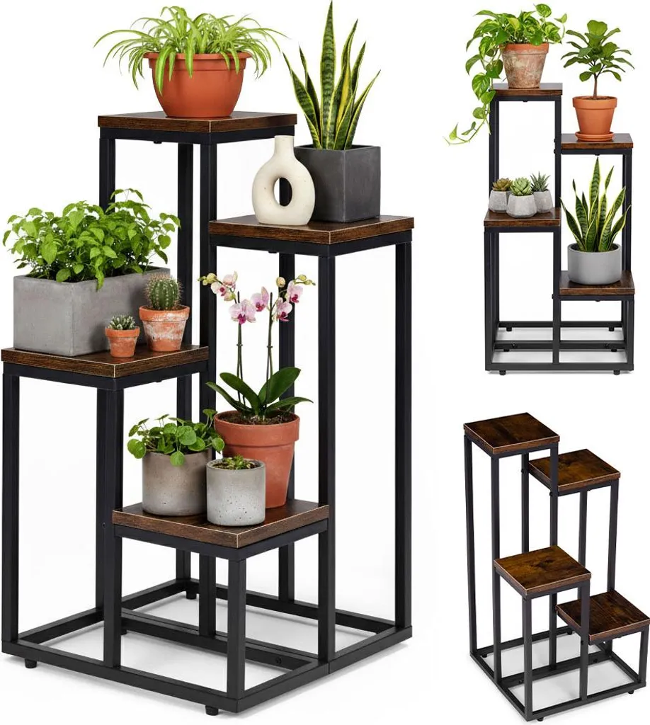 Porte-plante vertical design Loft avec 4 plateaux en bois et métal
