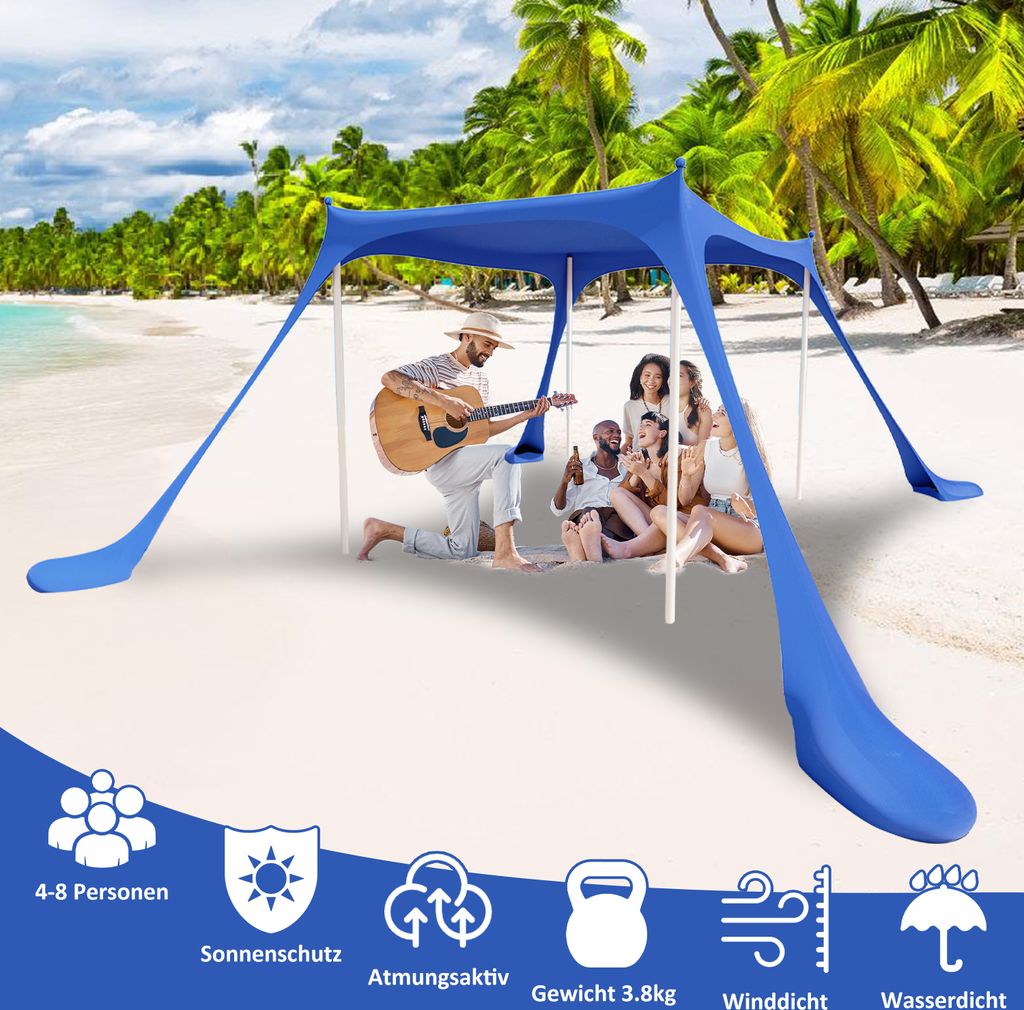 TolleTour Strandmuschel Sonnensegel Strandzelt Tragbarer Strandzelt mit Alu-Stangen Sonnenschutz einfacher Aufbau für Strand Hellblau 300x300x200cm